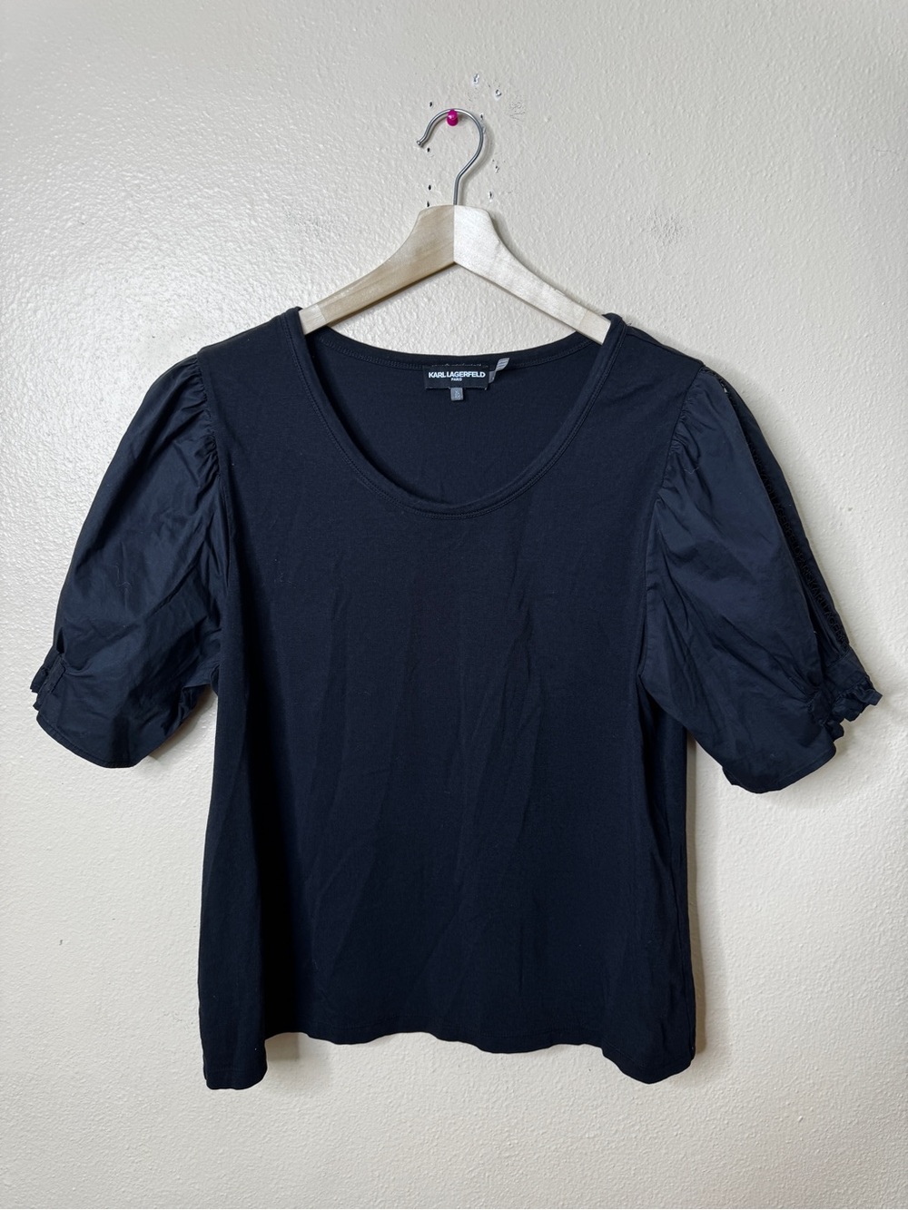 Karl Lagerfeld Paris Womens XL Black Puff Sleeve Logo Trim Cotton Modal Top